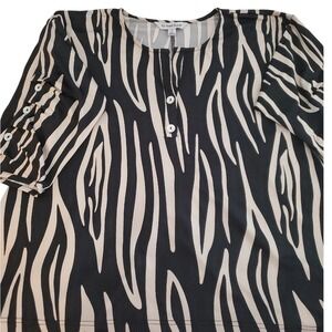 La Mer Luxe Tunic Shirt Womens Small‎ Half Sleeve Ruched Flowy Artsy Black Beige